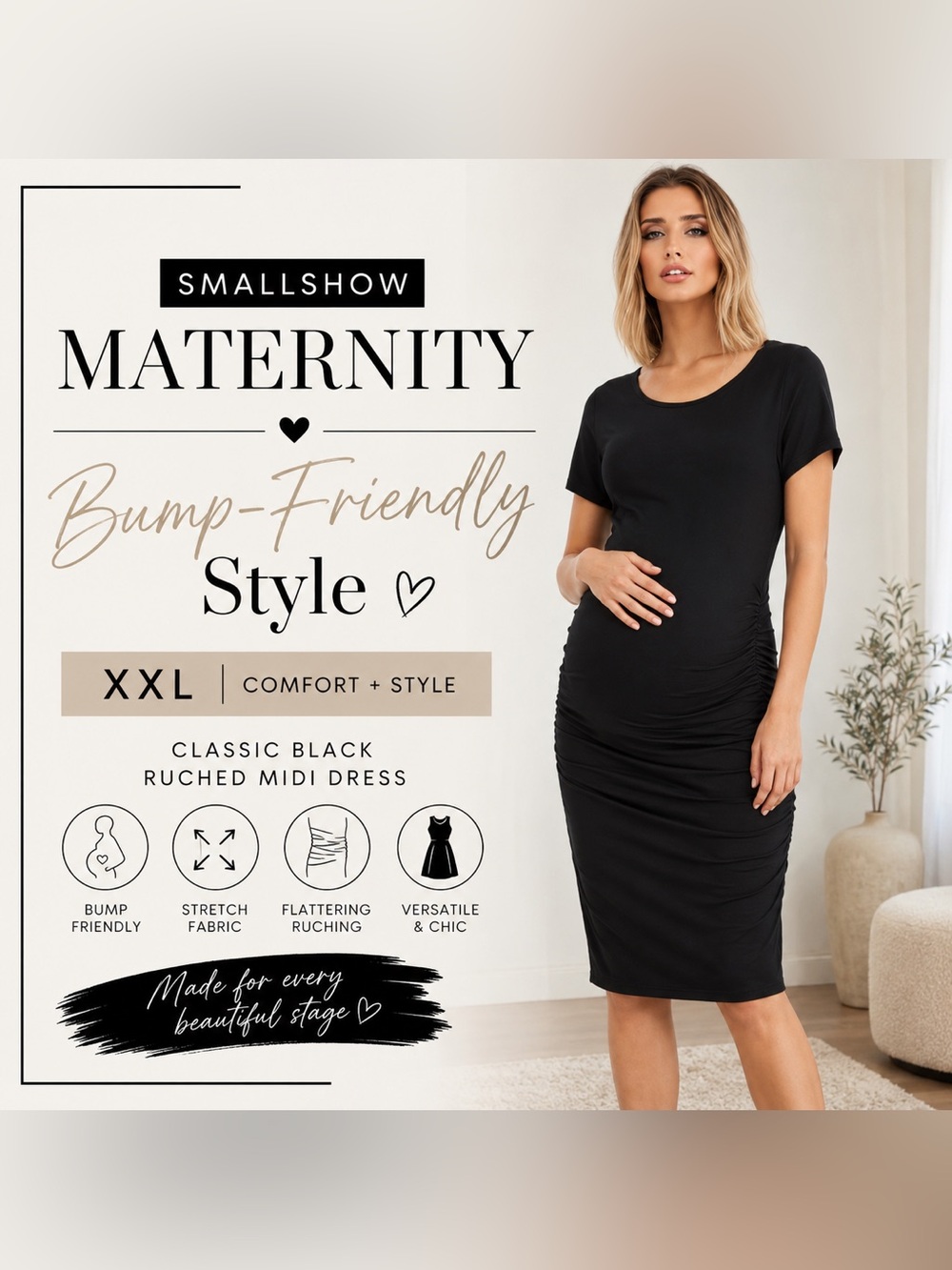 Smallshow Black Ruched Maternity Midi Dress XXL Stretch Short Sleeve